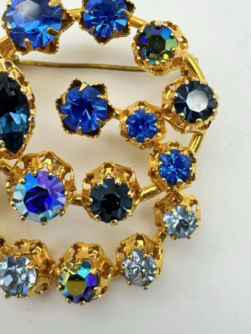 Vintage AUSTRIAN Brooch, Blue Crystal AB Rhinestone Prong Set, Lots of Sparkle!